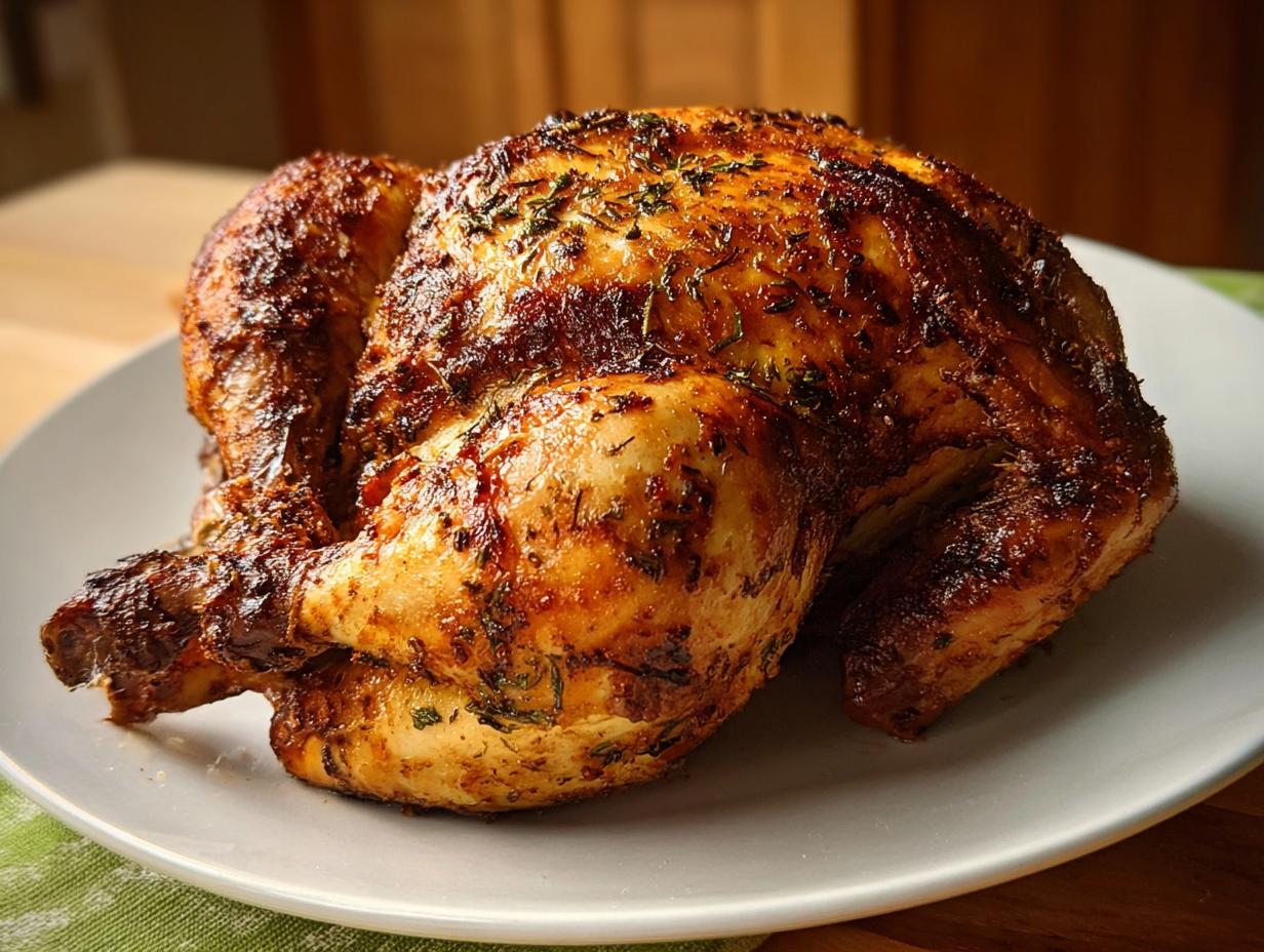 A whole, golden-brown air fryer chicken seasoned with herbs, resting on a white plate.