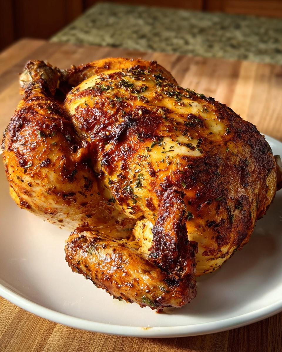 A perfectly cooked whole chicken in the air fryer, with crispy golden-brown skin and herbs.
