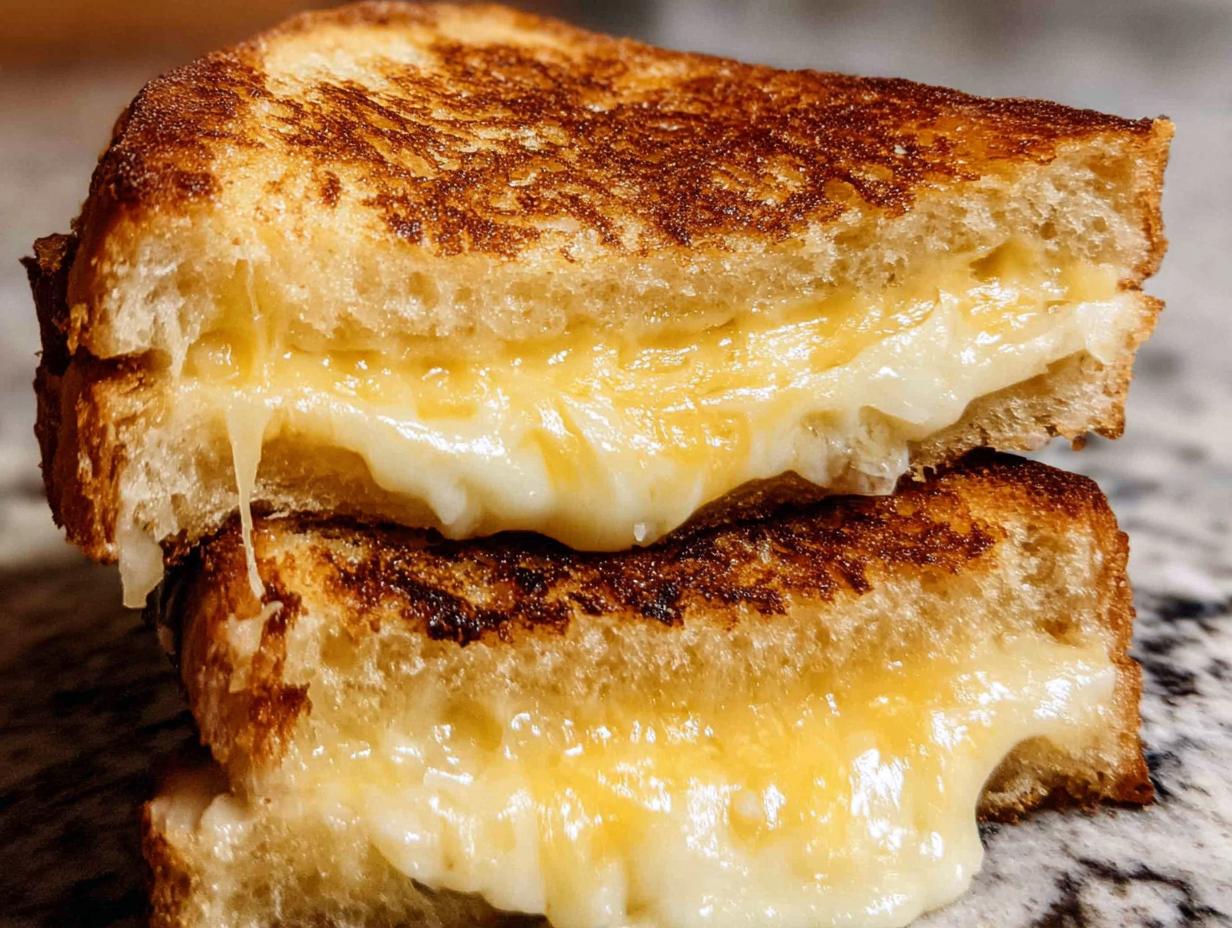 Close-up of a perfectly grilled cheese sandwich, cut in half, with melted cheese oozing out.