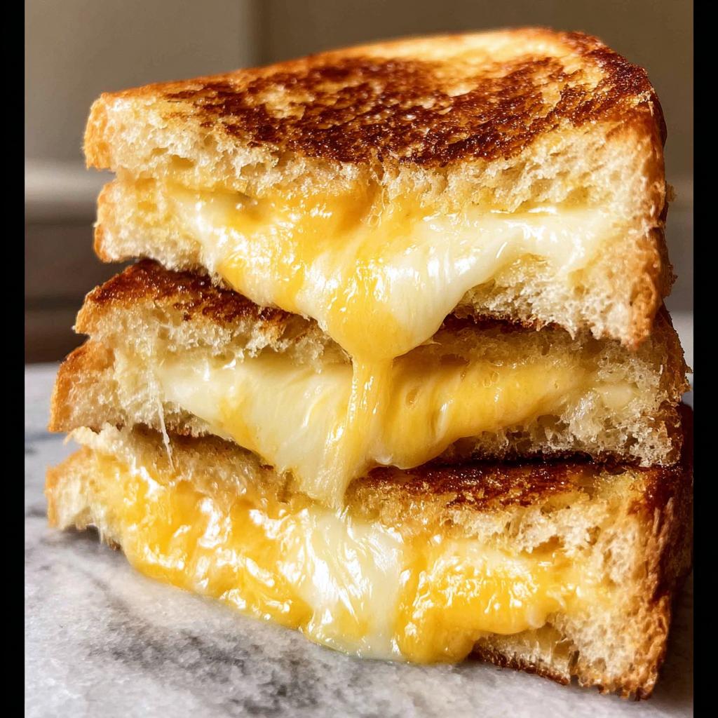 Close-up of a stack of three perfectly grilled cheese sandwiches, with gooey melted cheese oozing out.
