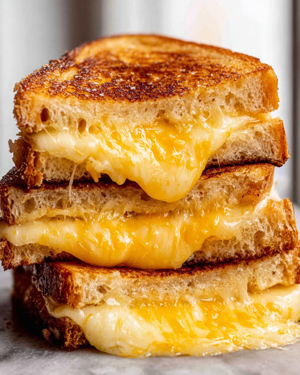 A tall stack of perfectly grilled cheese sandwiches with gooey, melted cheese oozing out.