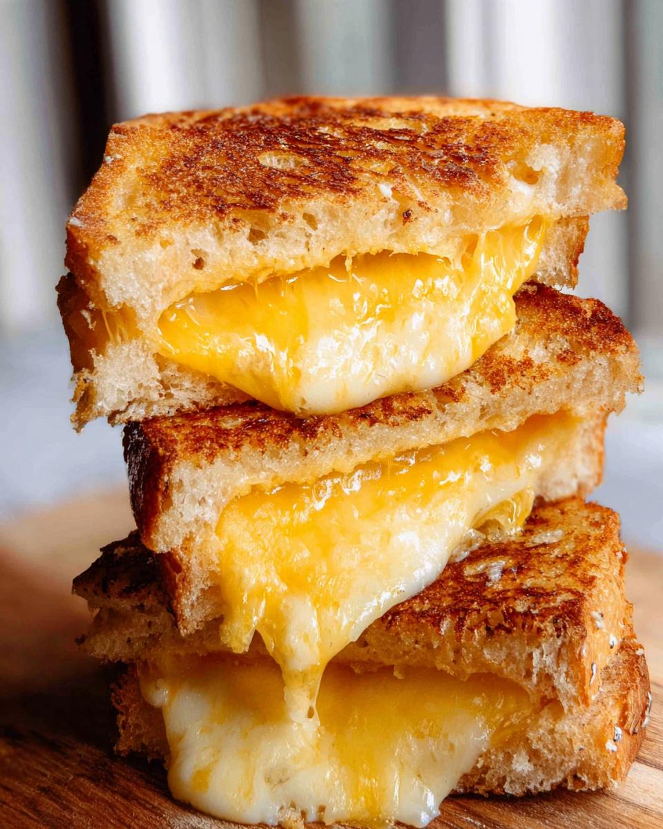A stack of three perfectly grilled cheese sandwiches with gooey, melted cheese oozing out.