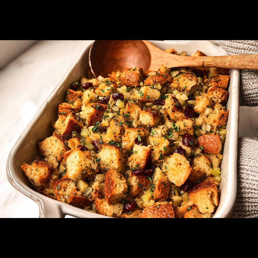 Close-up of a baking dish filled with golden brown stuffing, featuring chunks of bread, cranberries, and fresh herbs.