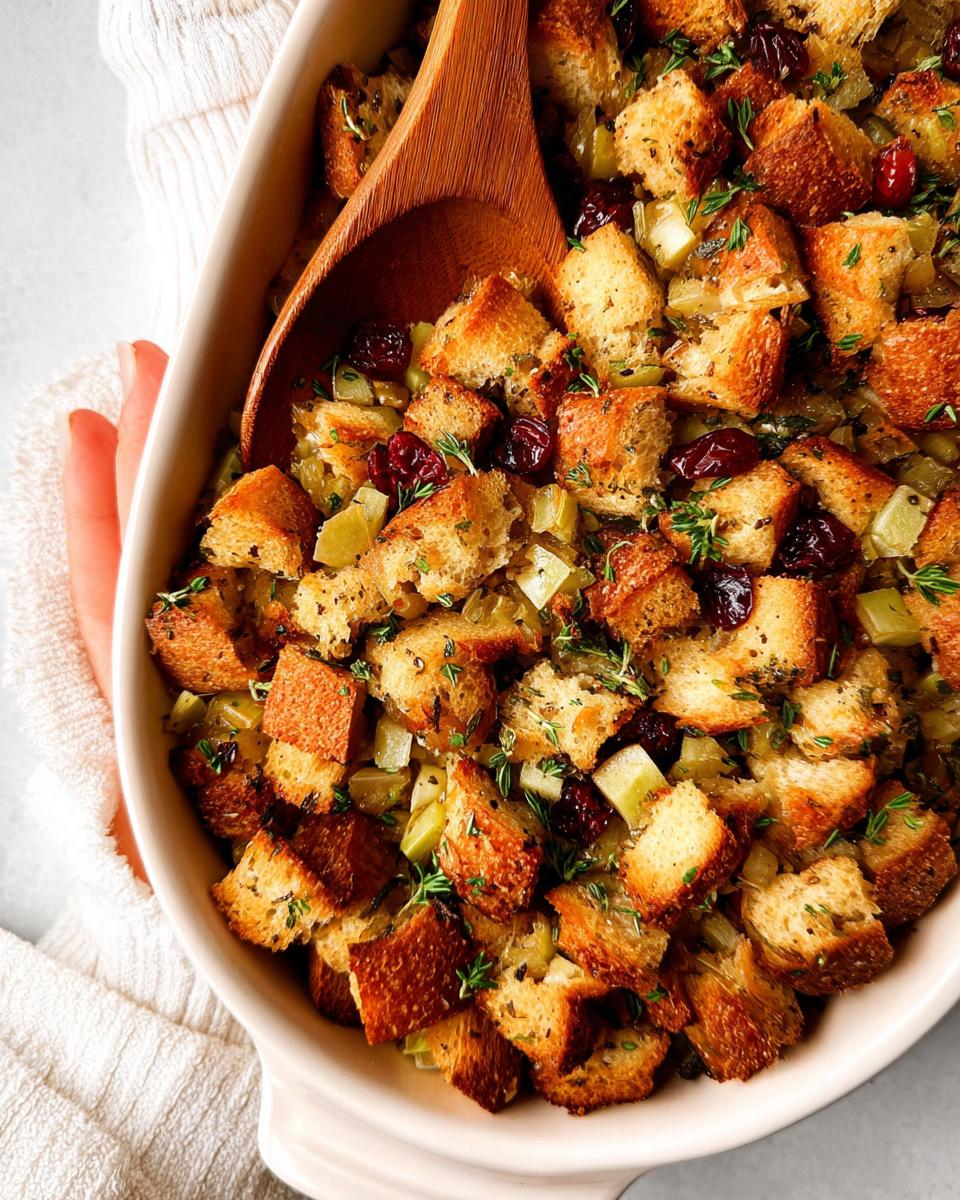 A close-up of a baking dish filled with homemade stuffing, featuring toasted bread cubes, dried cranberries, celery, and fresh thyme.