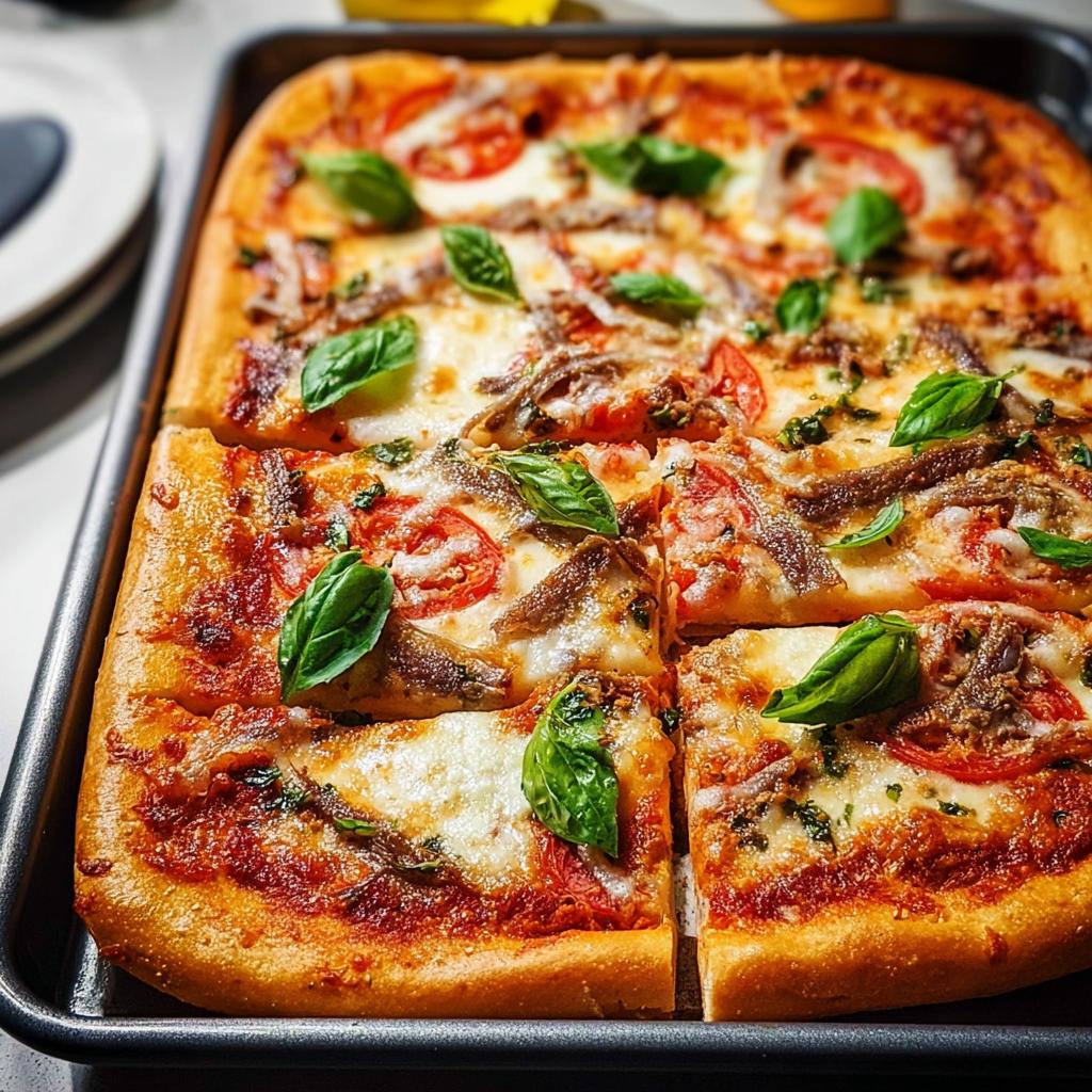 A delicious anchovy pizza, perfect for Pizza Night Recipes, topped with fresh basil and sliced tomatoes.