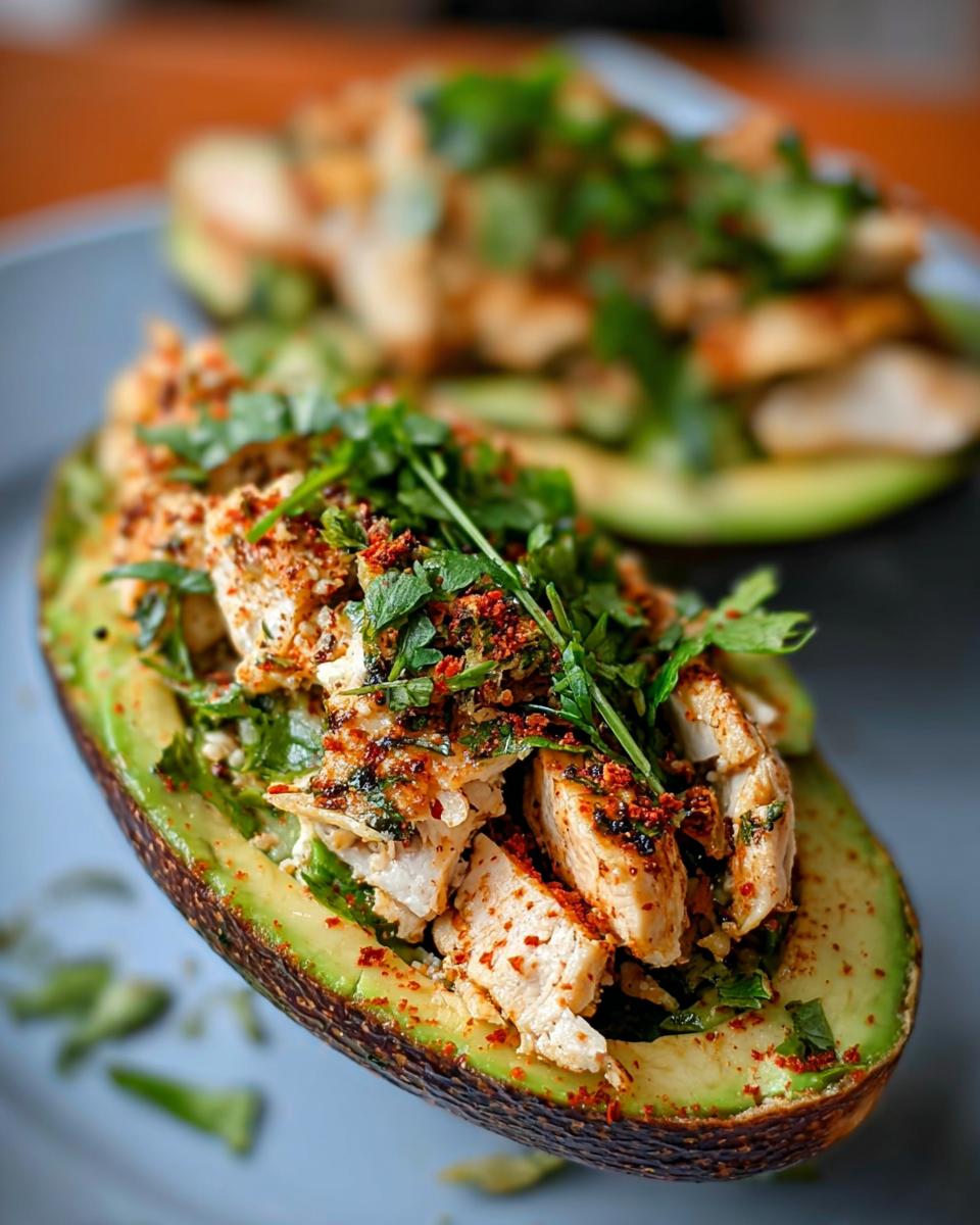 Close-up of a halved avocado filled with seasoned chicken and fresh herbs, a quick and healthy sandwich idea.