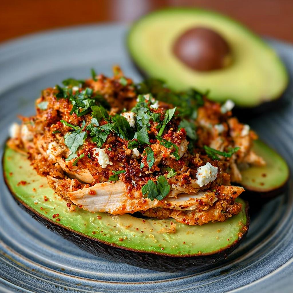 Two halves of avocado filled with shredded chicken, spices, and cilantro, part of Sandwich Ideas Recipes.