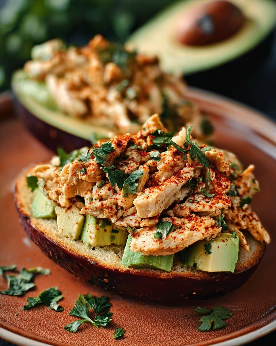 Close-up of an open-faced avocado chicken sandwich, a quick and healthy meal.