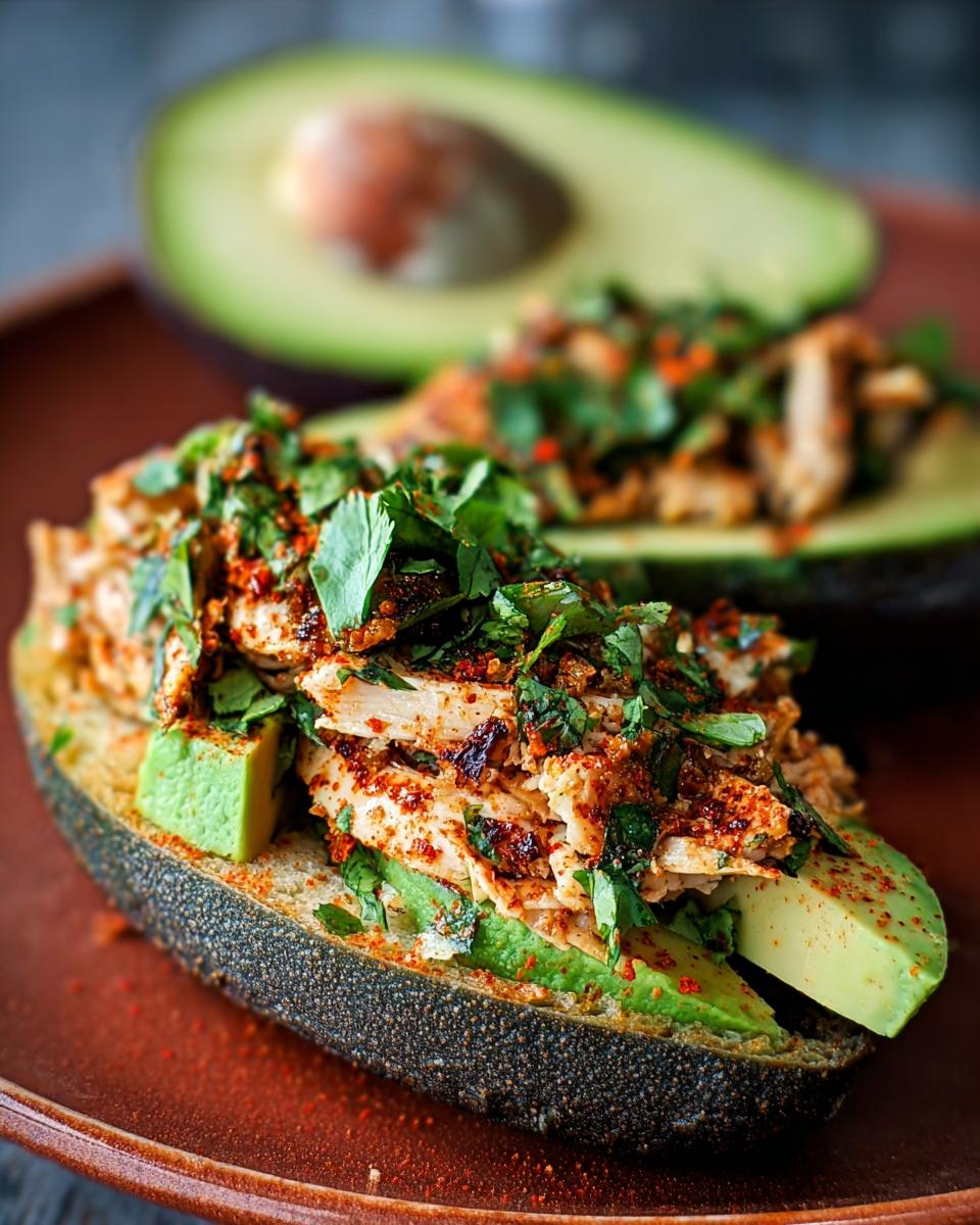 Close-up of avocado toast topped with shredded chicken, cilantro, and spices. A quick and easy sandwich idea.