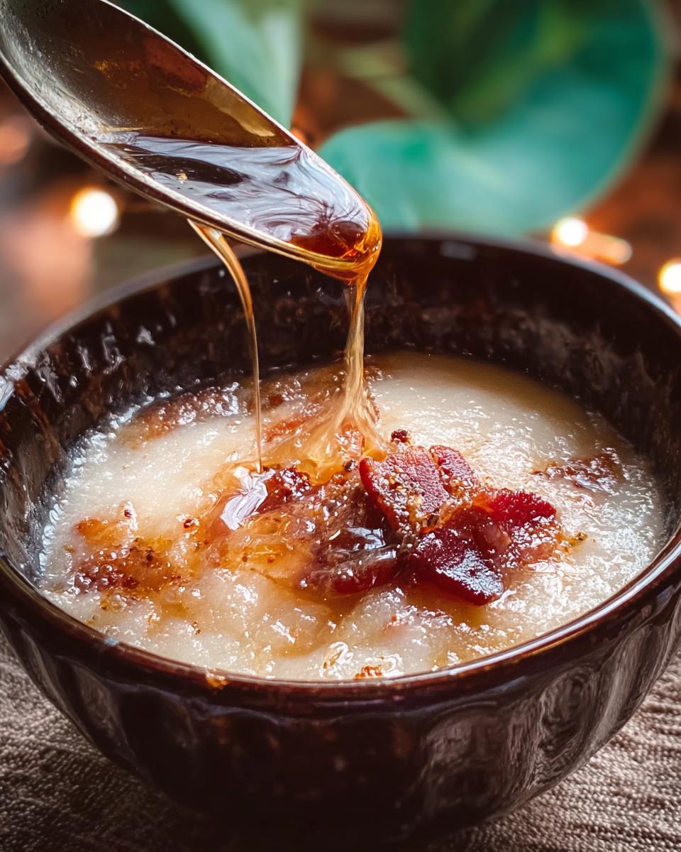 A close-up of a bowl of creamy soup topped with crispy bacon and drizzled with honey, part of 12-Ingredient Soup Recipes.