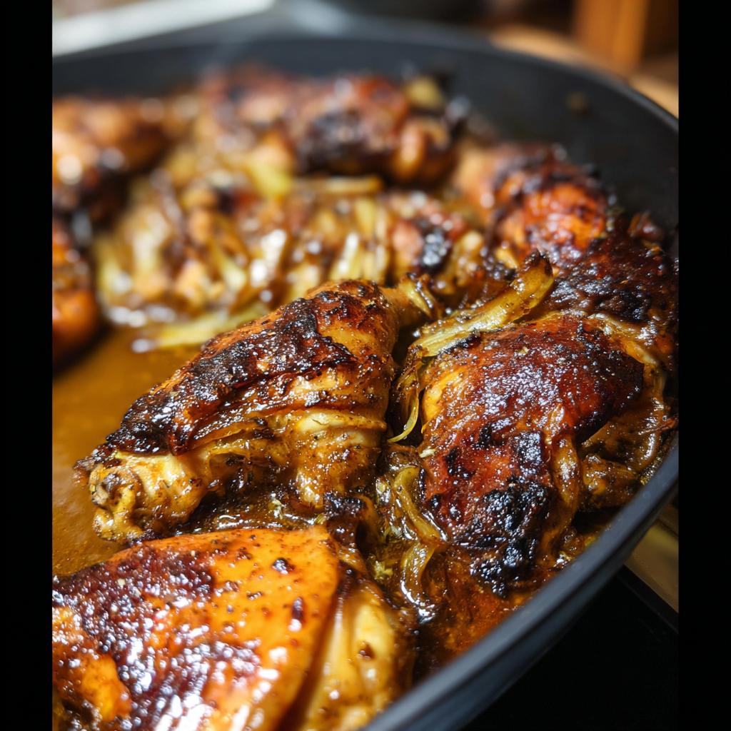 Close-up of perfectly baked chicken recipes in a pan with caramelized onions and savory sauce.
