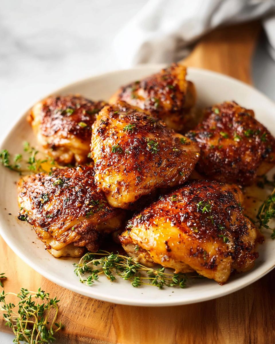 A plate of perfectly baked chicken thigh recipes, seasoned and garnished with fresh thyme.