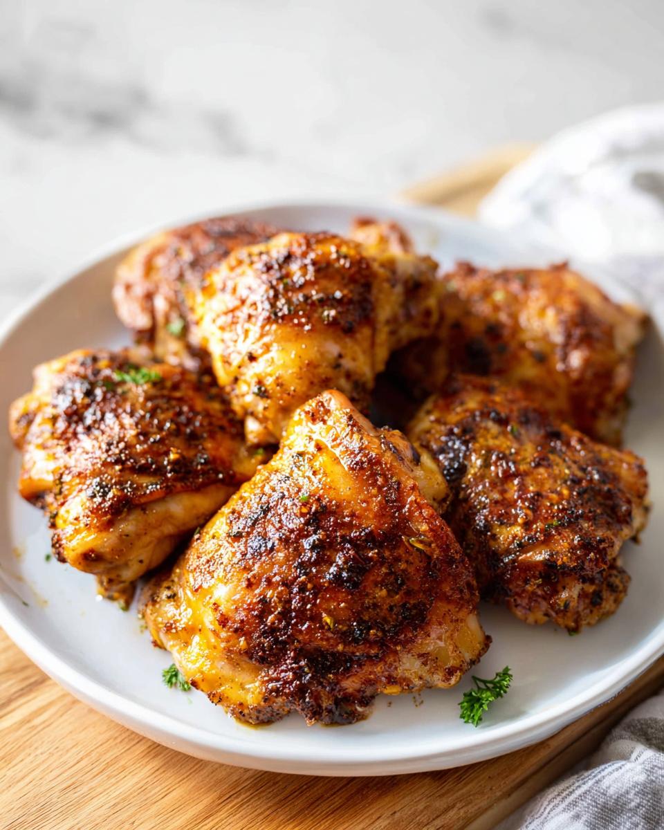 A plate of perfectly baked chicken thighs with a crispy, seasoned skin. These are some of the best chicken thigh recipes.