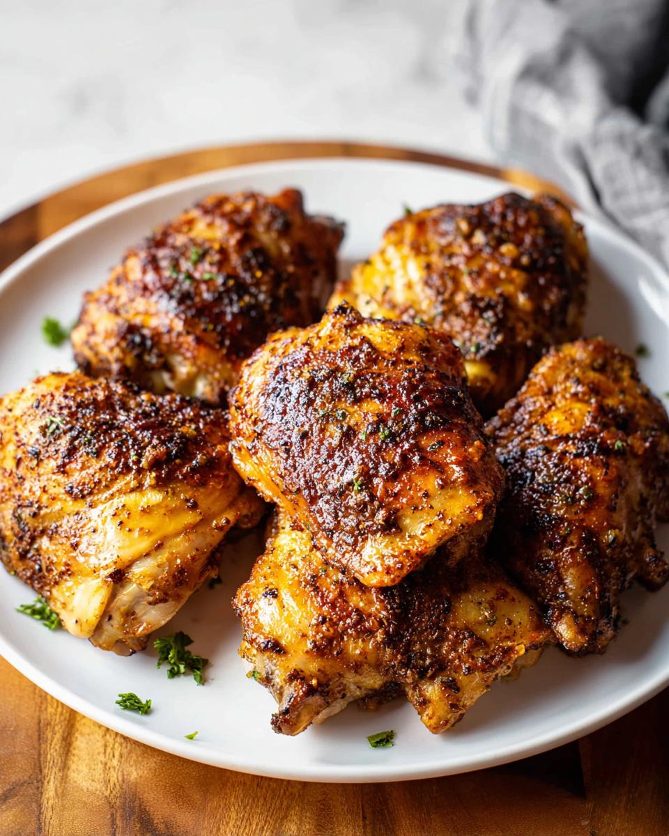 A plate piled high with perfectly baked chicken thigh recipes, seasoned and garnished with parsley.