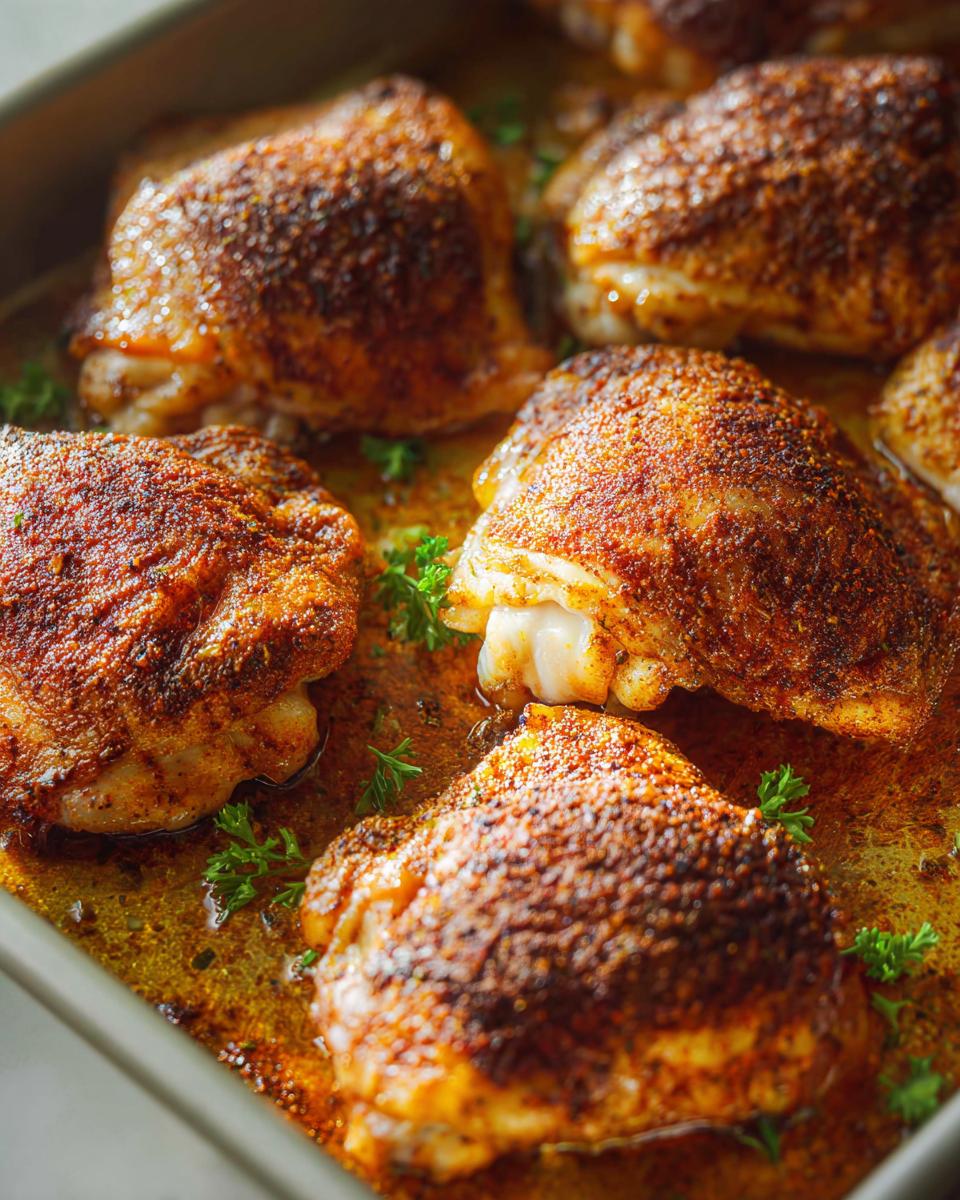 Close-up of perfectly baked chicken thigh recipes in a baking dish, seasoned and garnished with parsley.