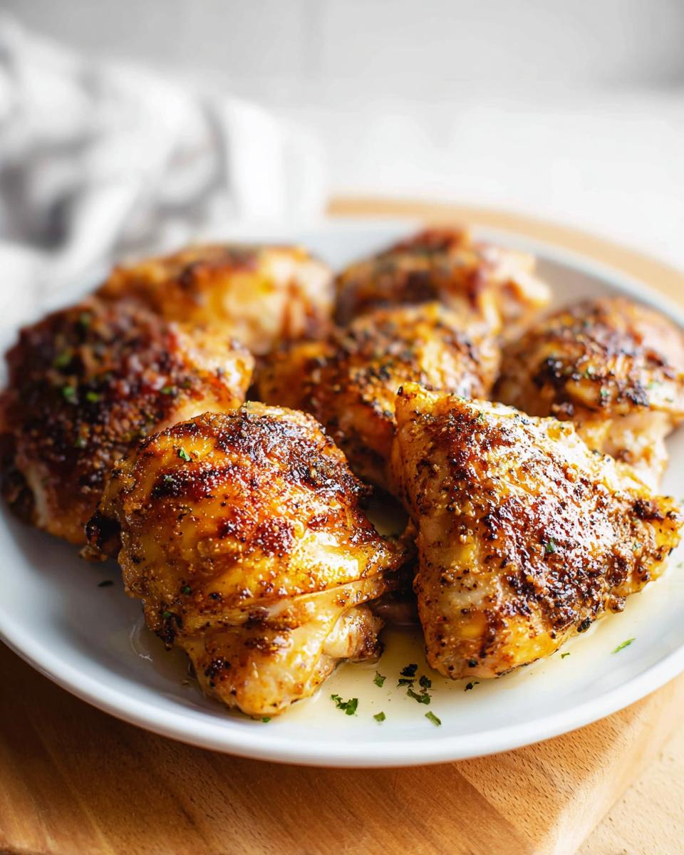 A plate of perfectly baked chicken thigh recipes, seasoned and garnished with herbs.