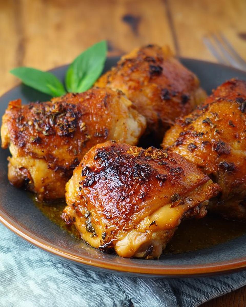 Close-up of four perfectly baked chicken thighs with crispy skin and herbs, part of our favorite chicken thigh recipes.