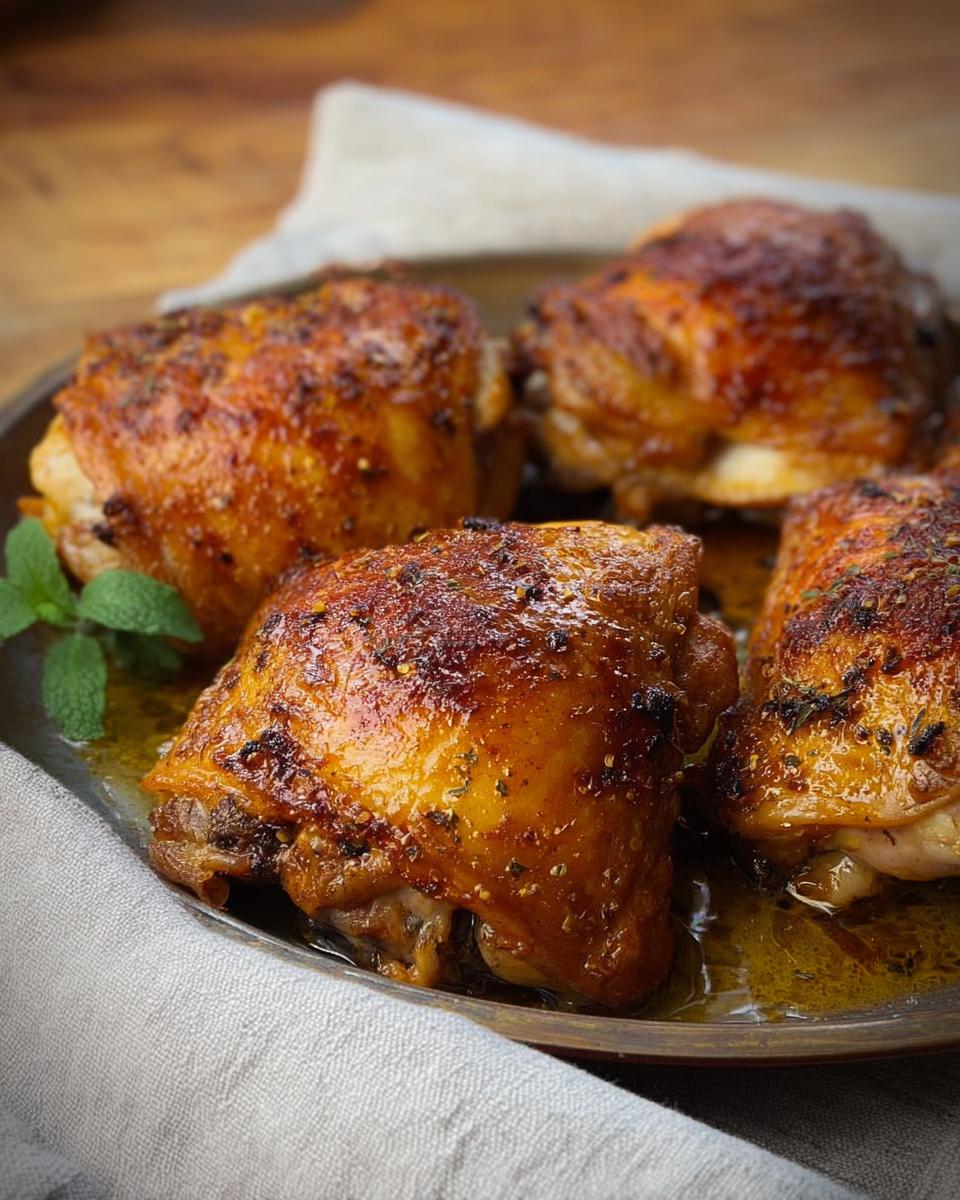 Four perfectly baked chicken thighs, glistening with sauce and herbs, a delicious chicken thigh recipe.