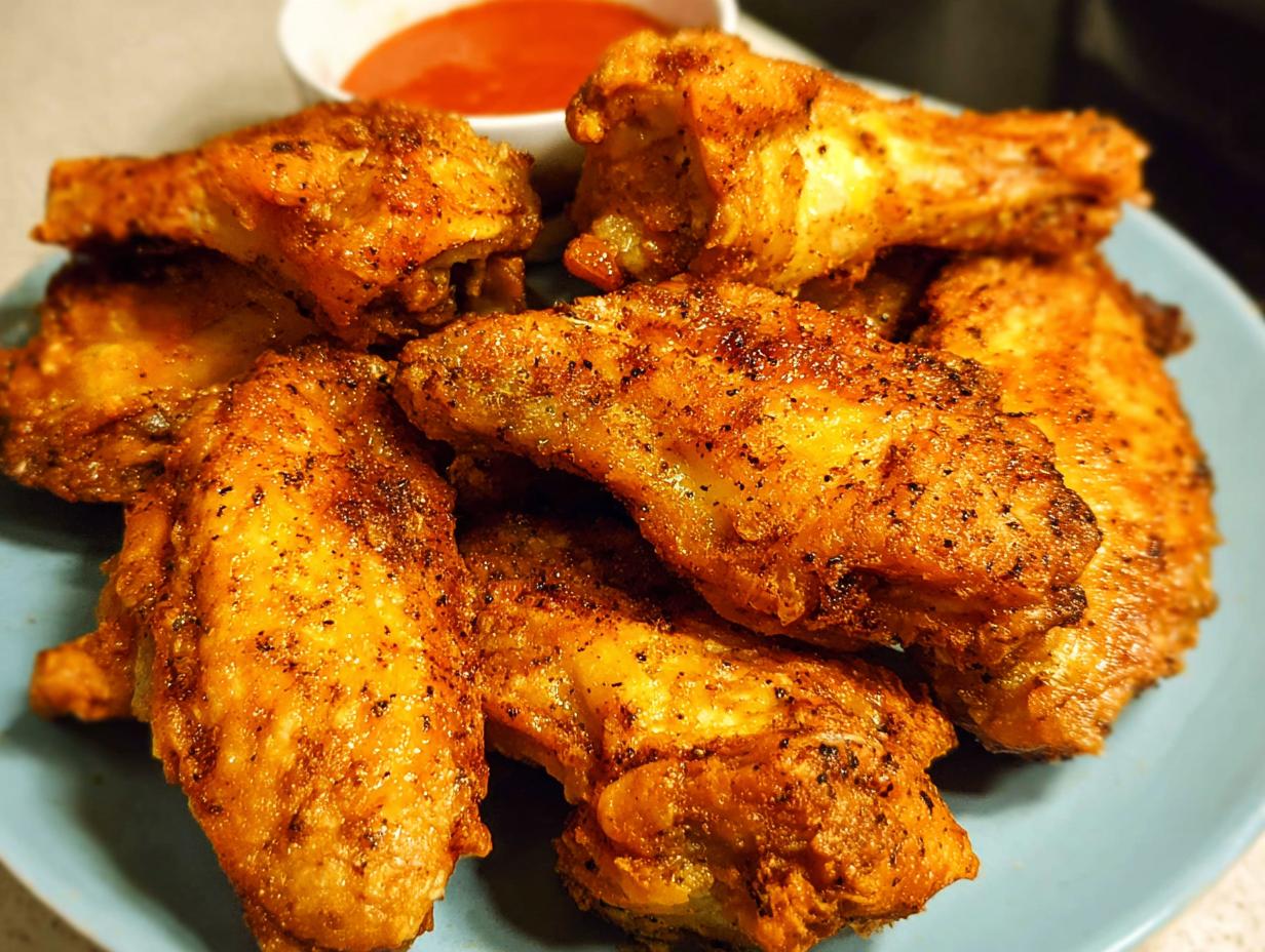 A plate of golden-brown baked chicken wings seasoned with spices, served with a side of dipping sauce.