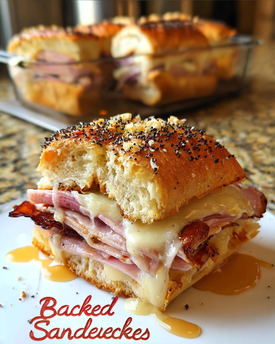 A close-up of a baked ham and cheese sandwich with melted cheese and poppy seeds on top.