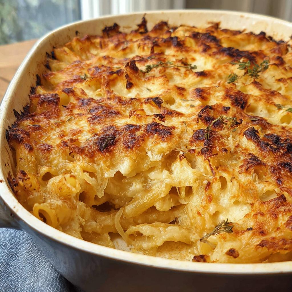 Close-up of a baked pasta dish with melted, golden-brown cheese topping and fresh herbs.