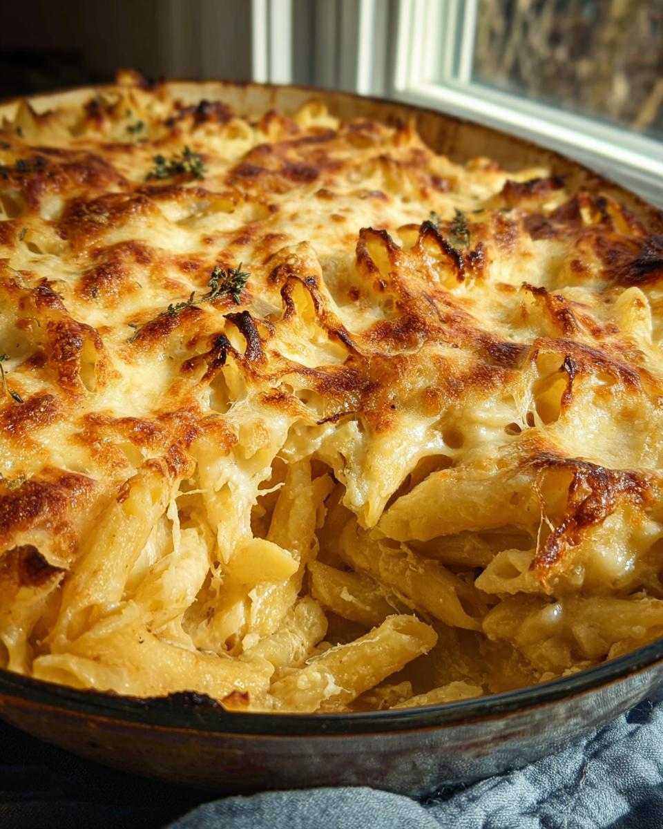 Close-up of a baked pasta dish with penne noodles covered in melted, golden-brown cheese and herbs.