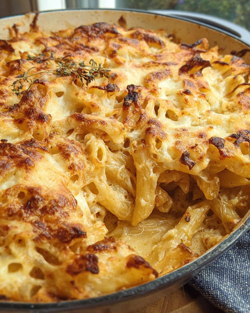 Close-up of a baked penne pasta dish with a bubbly, golden-brown cheese crust, perfect for pasta recipes.