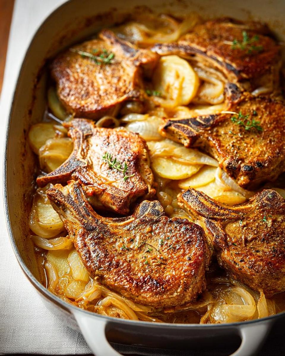 Close-up of baked pork chops nestled with sliced potatoes and onions in a casserole dish.