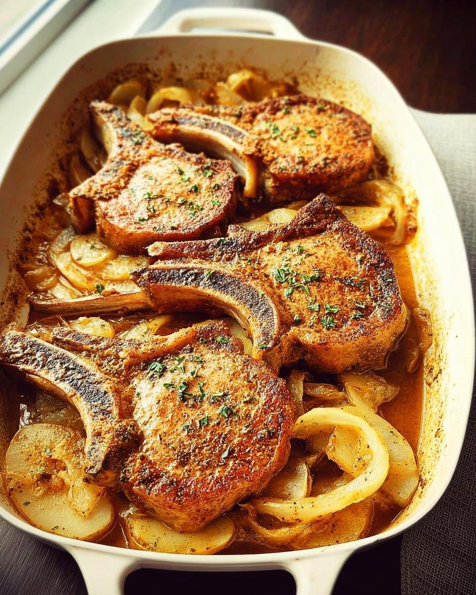 Close-up of baked pork chops with potatoes and onions in a white baking dish, garnished with herbs.