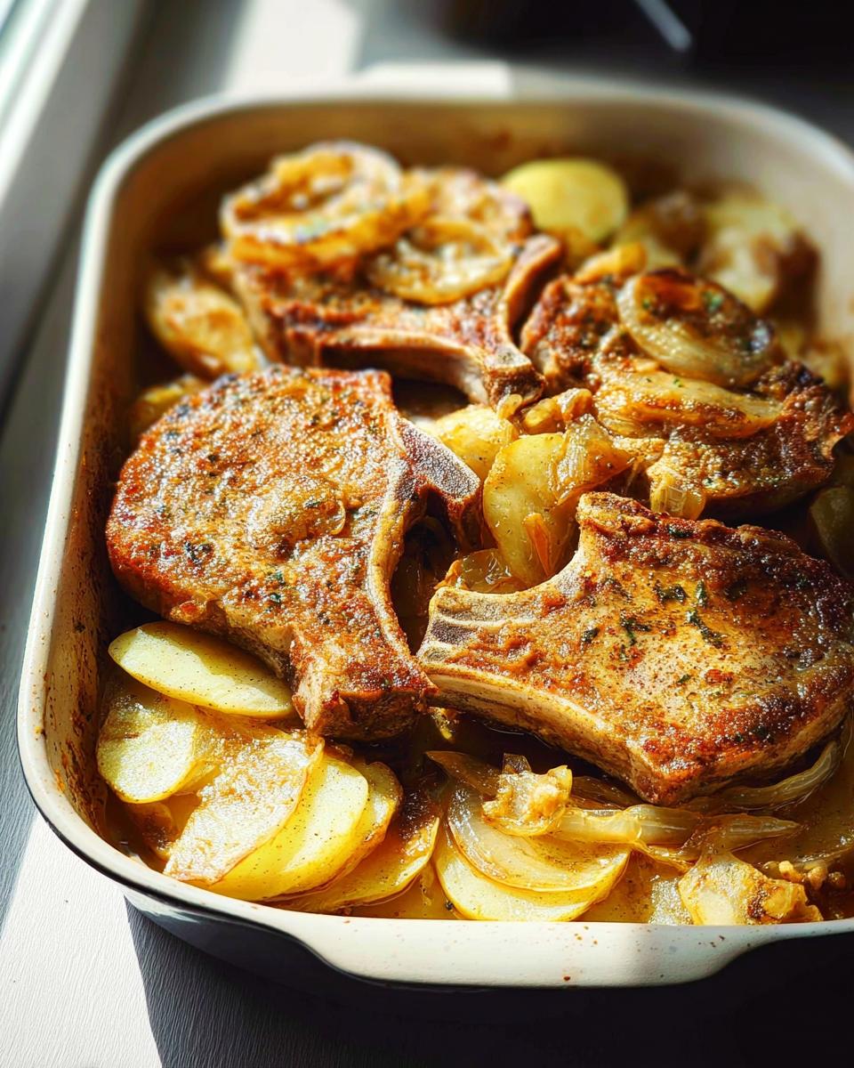Close-up of baked pork chops with sliced potatoes and onions in a casserole dish.