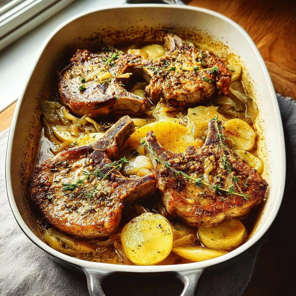 Close-up of baked pork chops with potatoes and onions in a casserole dish, a perfect weeknight meal.