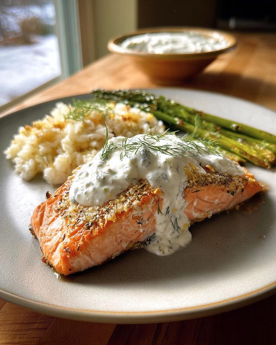 A perfectly baked salmon fillet topped with creamy dill sauce, served with asparagus and rice. One of 20 Genius Salmon Recipes.