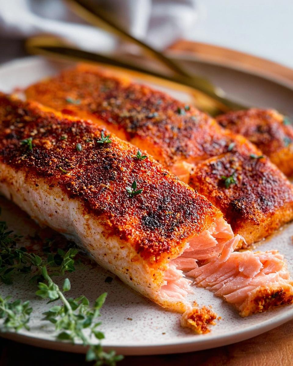 Close-up of a flaky baked salmon fillet with a seasoned crust, garnished with fresh herbs. A perfect salmon recipe.