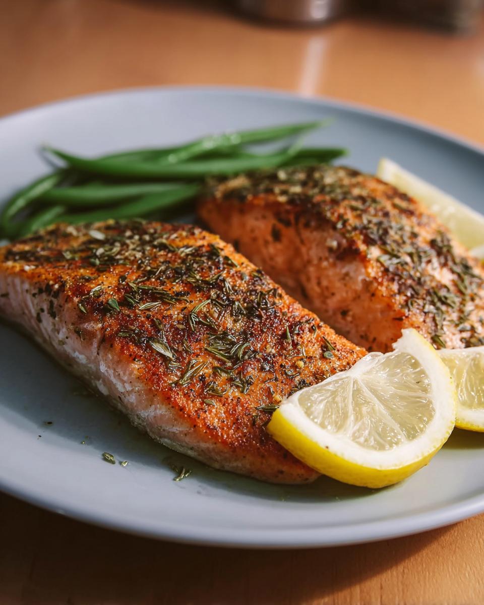 Two perfectly baked salmon fillets seasoned with herbs, served with green beans and lemon wedges. A fantastic salmon recipe.