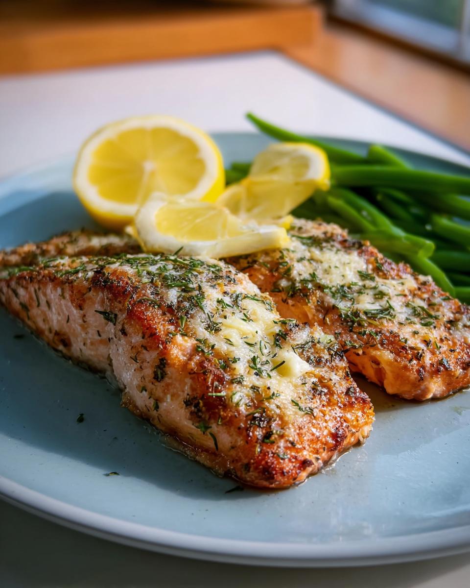 Two perfectly baked salmon fillets topped with melted cheese and herbs, served with lemon slices and green beans.