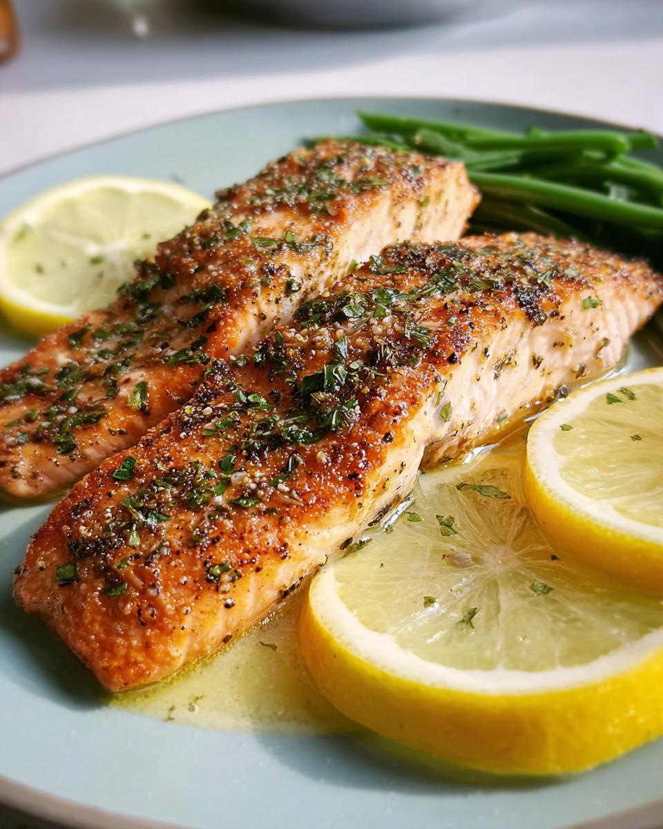 Two perfectly baked salmon recipes fillets seasoned with herbs and spices, served with lemon slices and green beans.