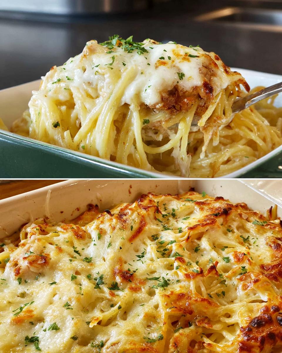 A close-up of a baked spaghetti casserole, topped with melted cheese and parsley, ready to be served.