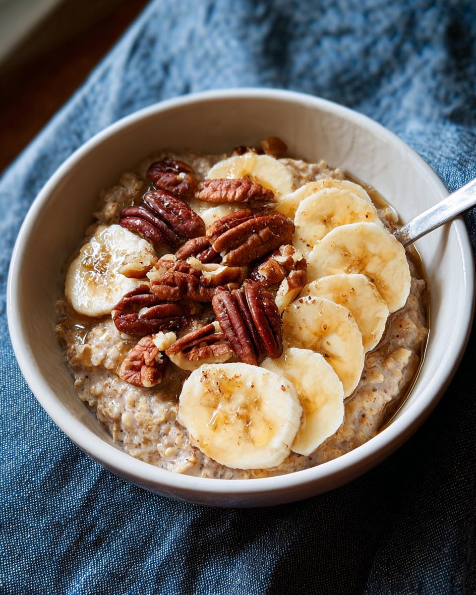 A bowl of oatmeal topped with banana slices and pecans, perfect for quick breakfast ideas.