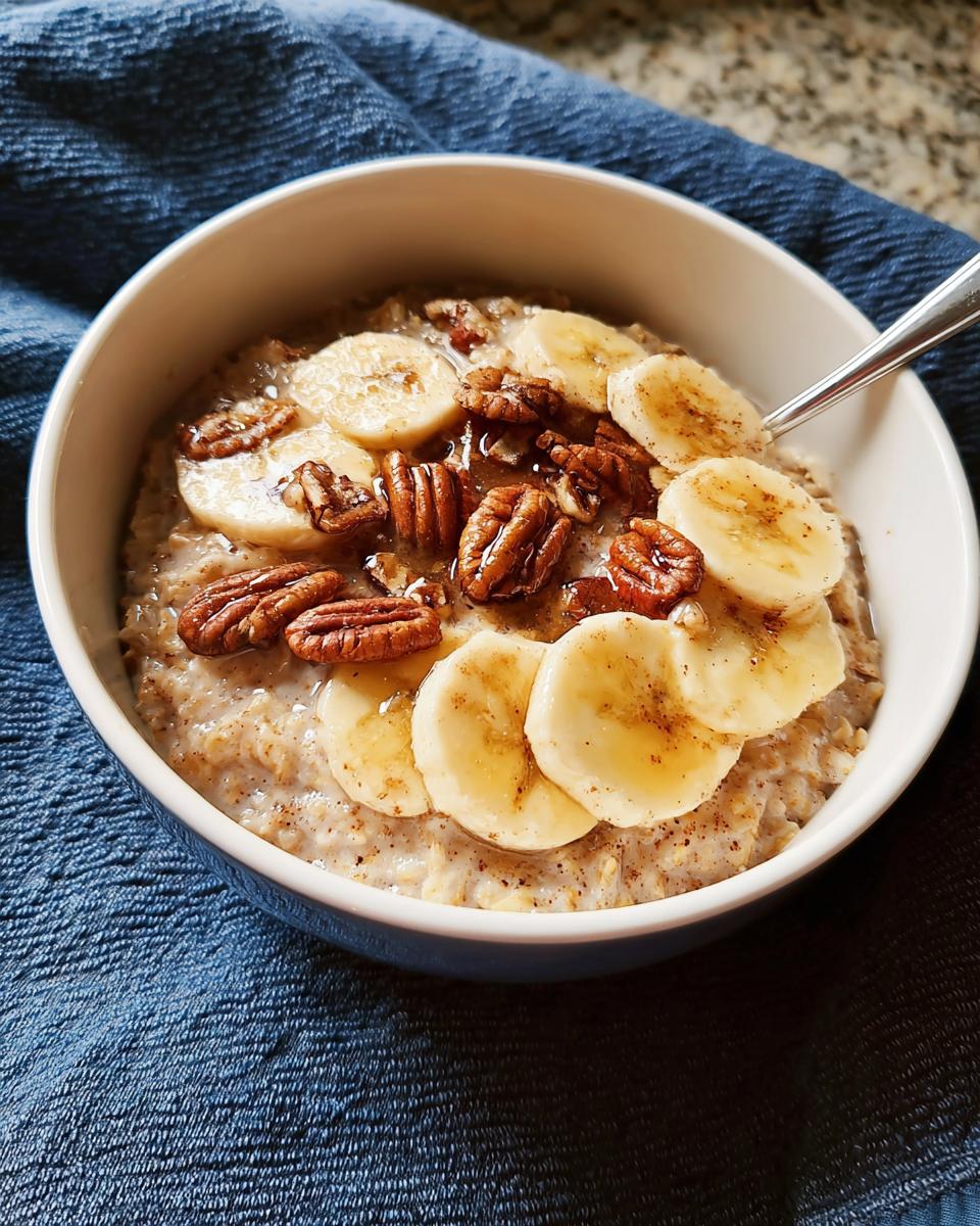 A bowl of oatmeal topped with banana slices, pecans, and drizzled with honey. A perfect breakfast idea.
