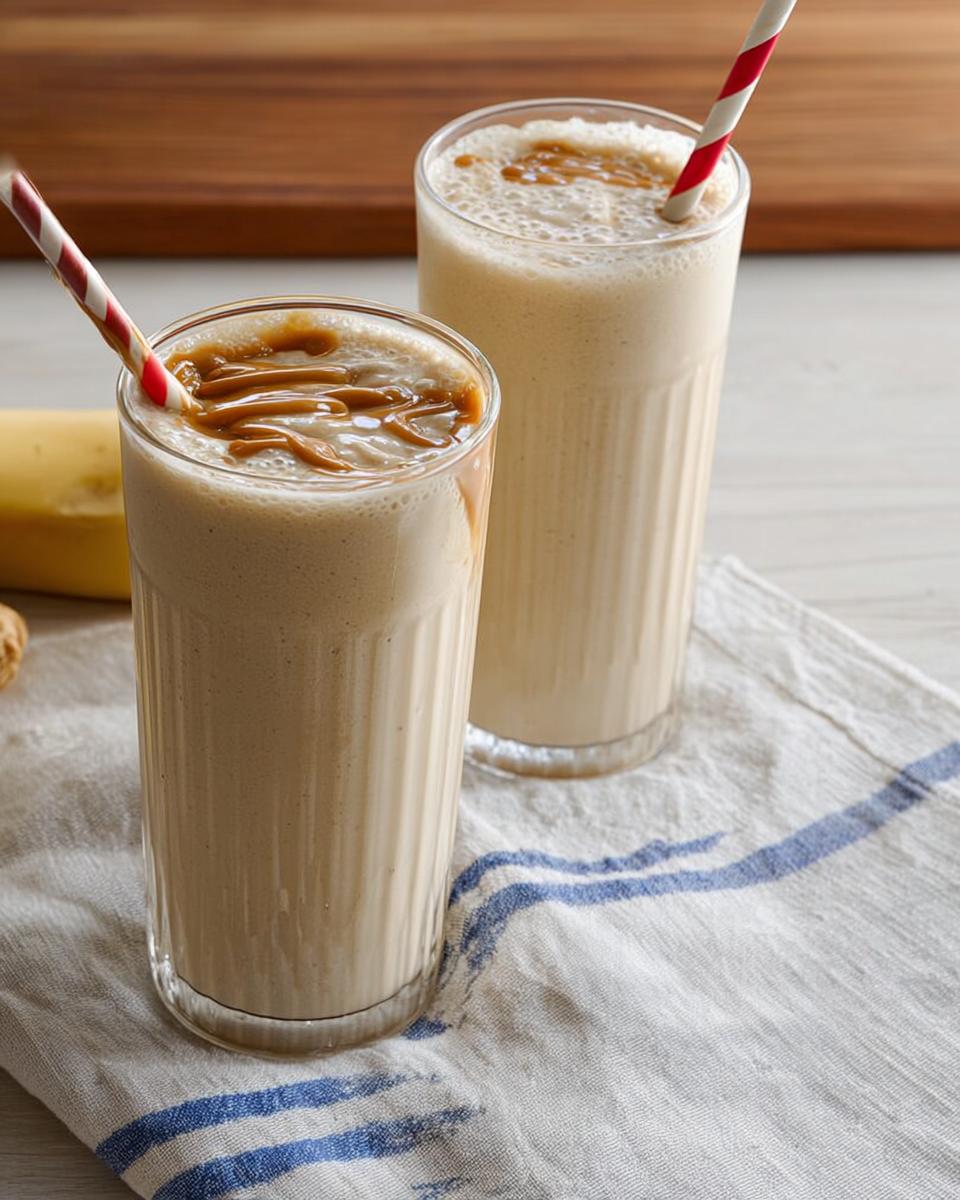 Two tall glasses filled with creamy banana smoothies, drizzled with caramel and topped with striped straws. Part of The Ultimate Breakfast Ideas Recipes Guide for Beginners.