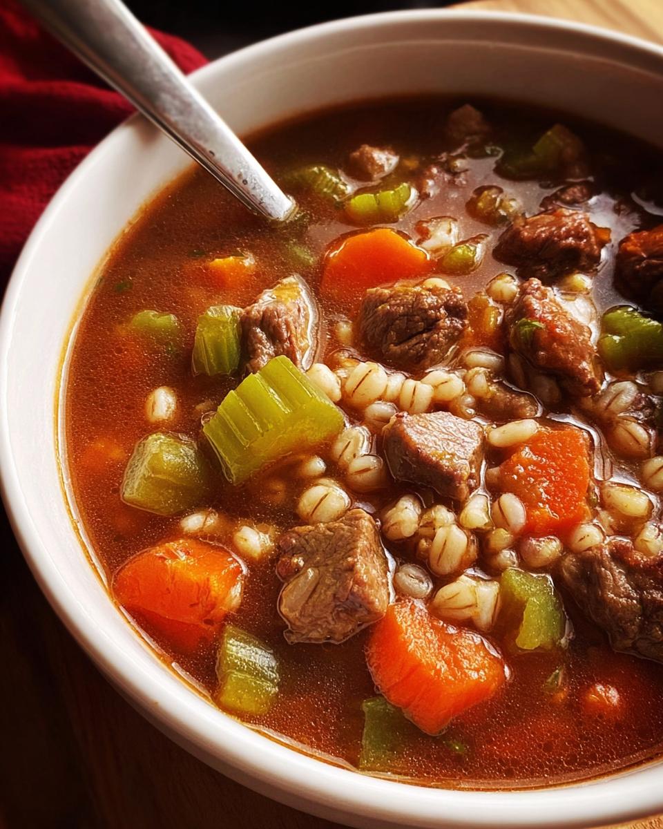 Close-up of a hearty beef barley soup with chunks of beef, carrots, celery, and barley in a rich broth.