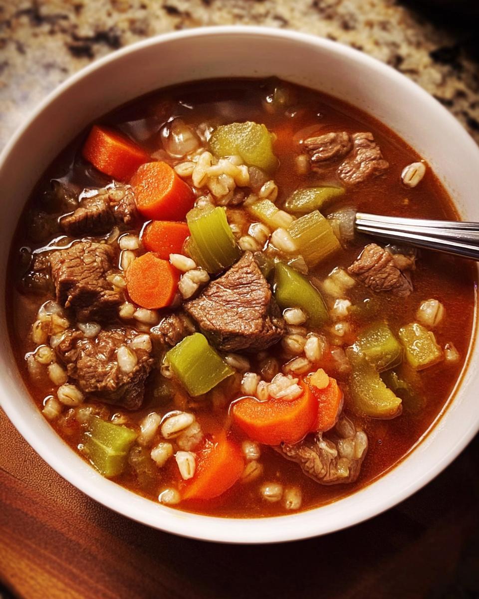 A bowl of hearty beef barley soup with carrots and celery, perfect for soup recipes meal prep.