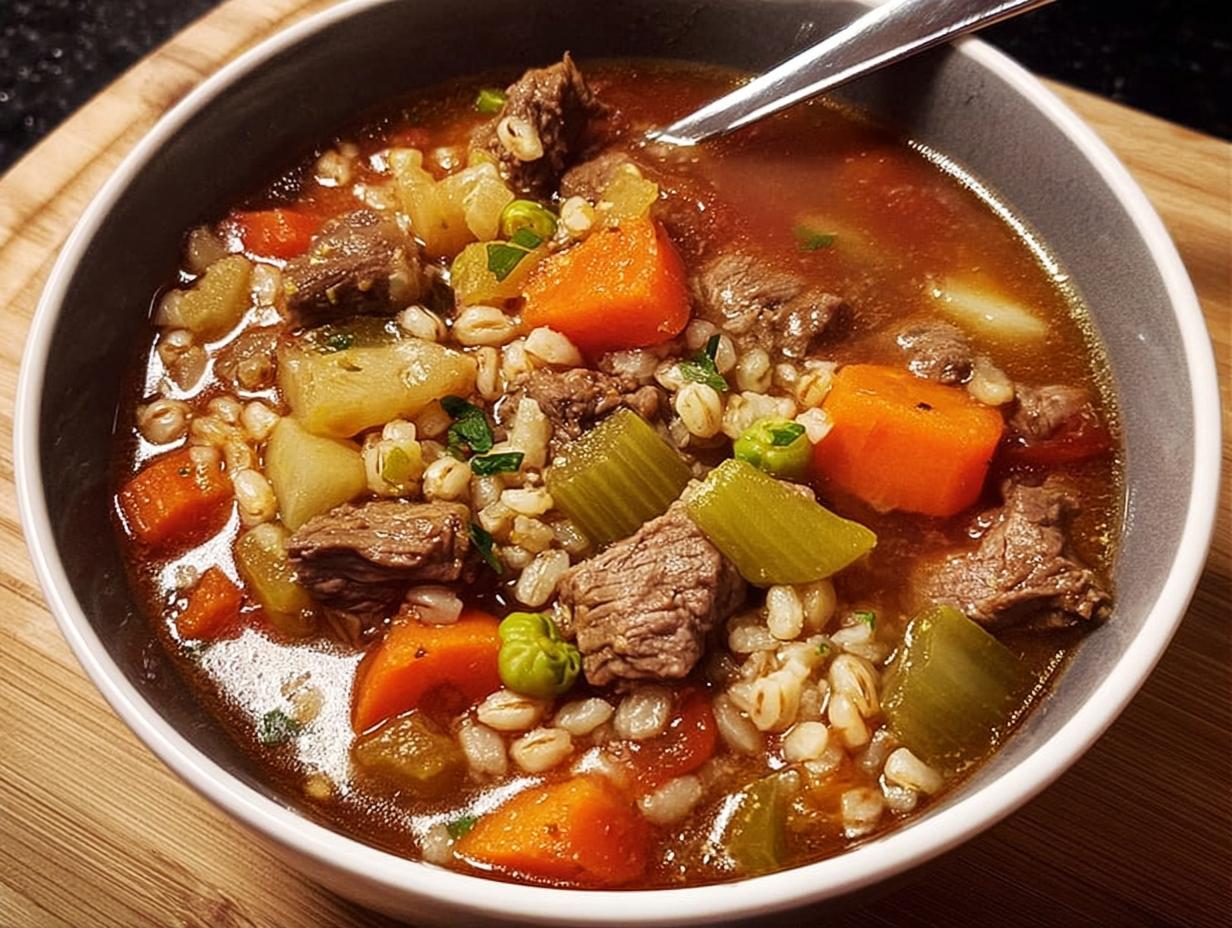 A close-up of a bowl of hearty beef barley soup, featuring tender beef chunks, carrots, celery, peas, and barley in a rich broth.