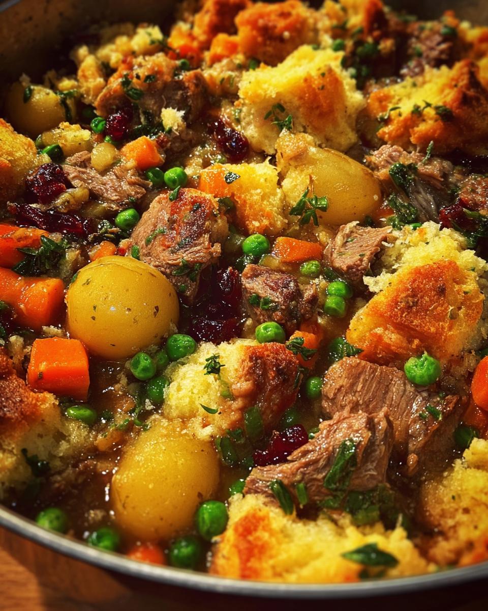 Close-up of a hearty beef and bread stuffing recipe with potatoes, carrots, peas, and cranberries.