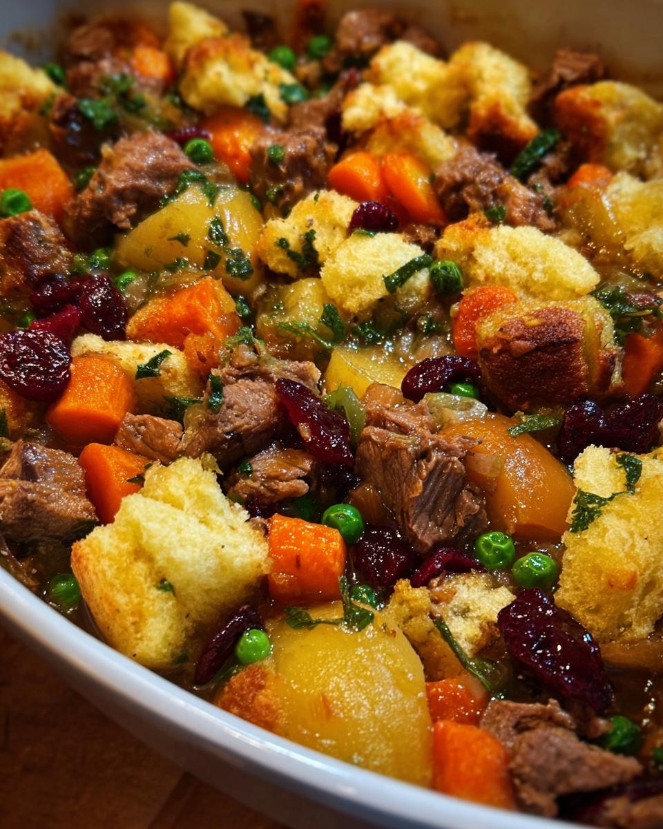 Close-up of a comforting beef and cornbread stuffing recipe with carrots, peas, and cranberries.