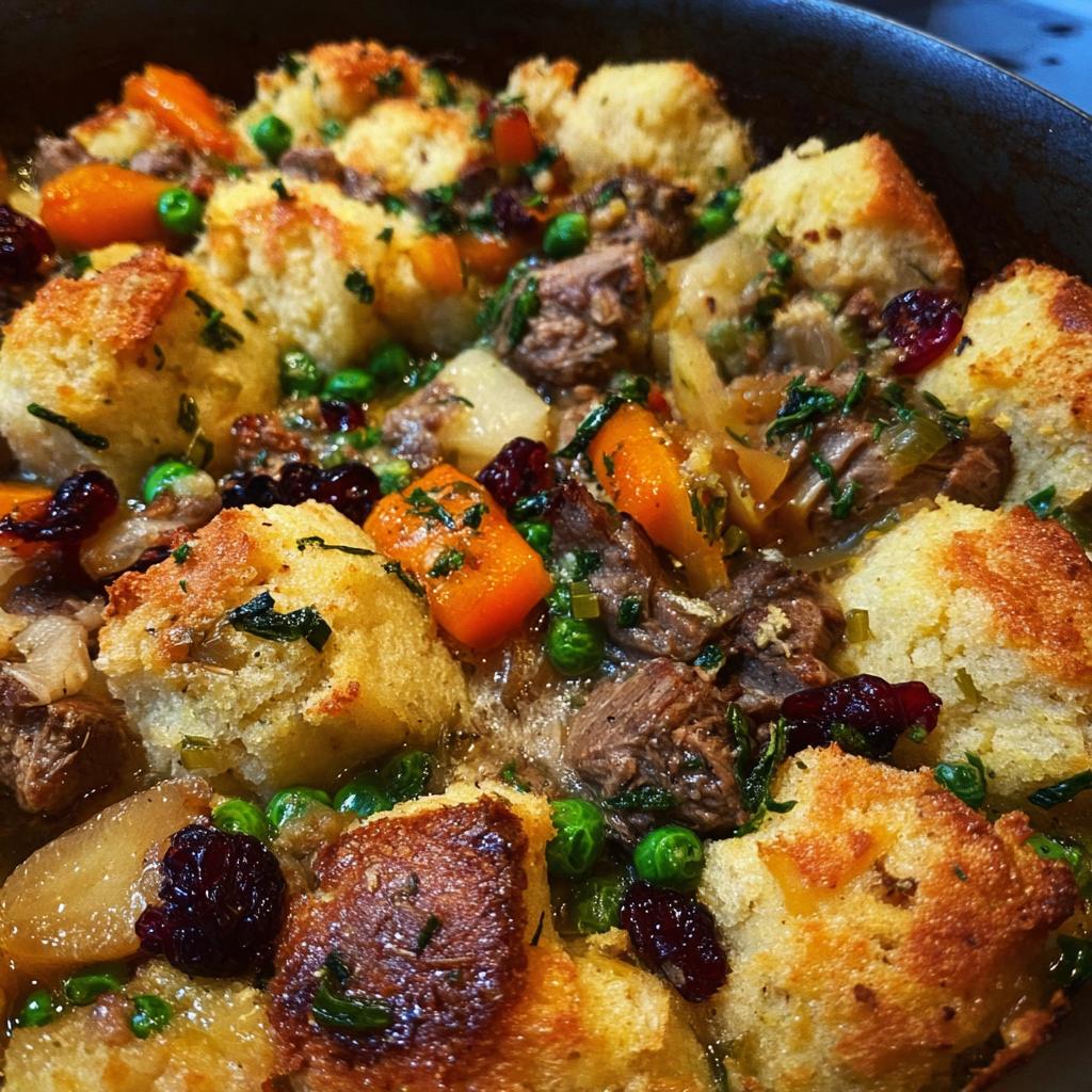 Close-up of a savory beef stew with carrots, peas, and dried cranberries, topped with golden brown stuffing pieces.