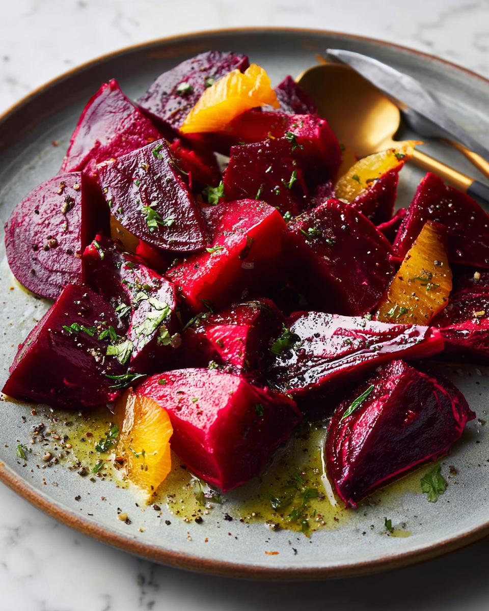 A vibrant beet and orange salad, showcasing roasted beet chunks and fresh orange segments, a perfect example of veggie sides recipes.