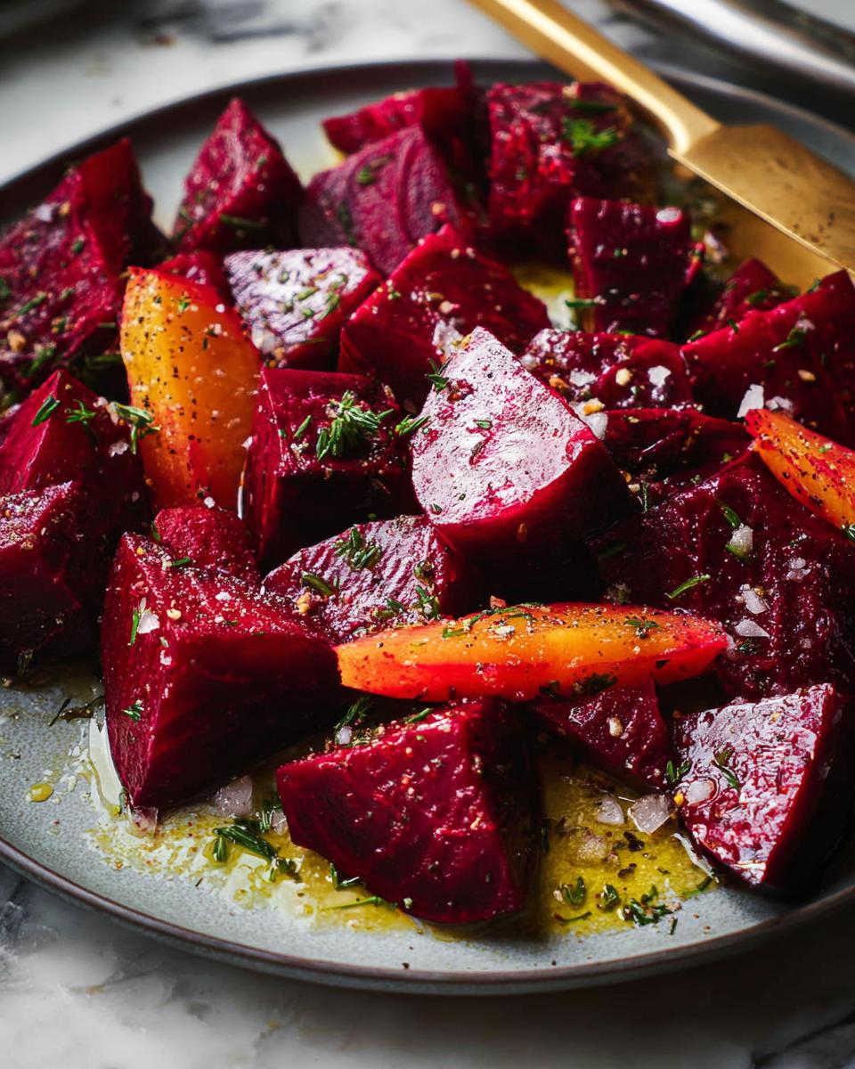 A vibrant salad of roasted beetroot chunks and orange segments, drizzled with olive oil and herbs, showcasing a perfect veggie sides recipe.