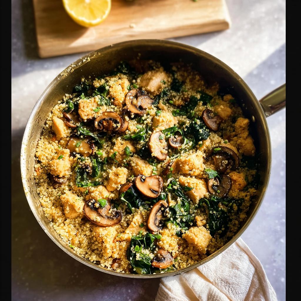 A delicious skillet meal of chicken, quinoa, mushrooms, and greens, perfect for beginner chicken recipes.