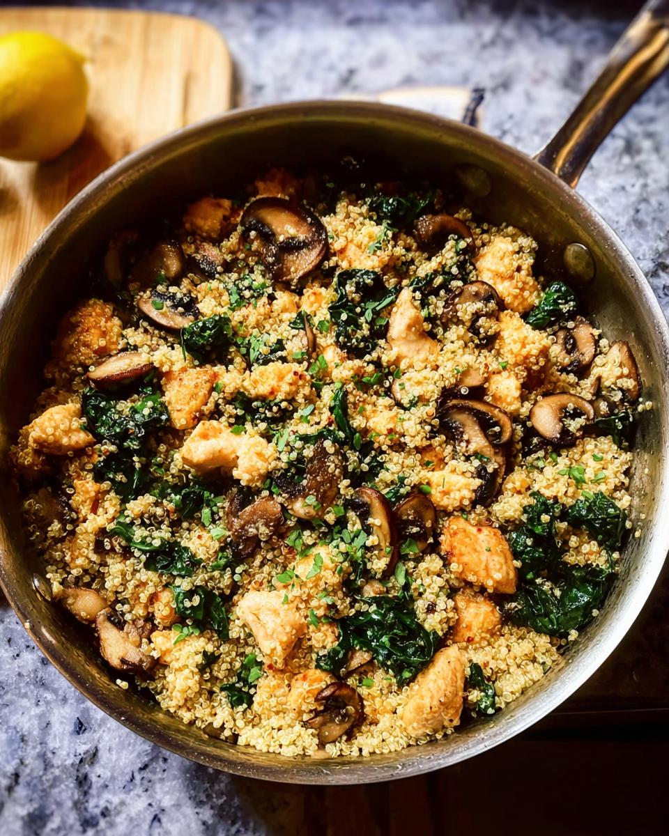 A skillet filled with a delicious chicken and quinoa recipe, featuring mushrooms and greens, perfect for beginners.